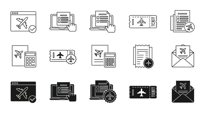 Airline Ticket Booking and Flight Reservation System Vector Icon Set for Travel Agency Website and App Interface