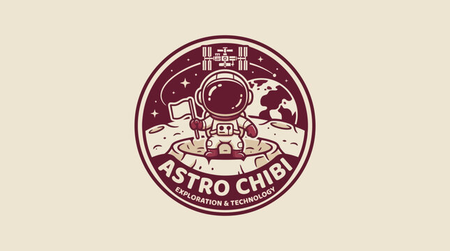 Chibi Astronaut on Moon with Flag and Space Station Logo.