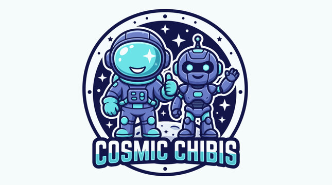 Cosmic Chibis Logo Featuring Astronaut and Robot in Space.