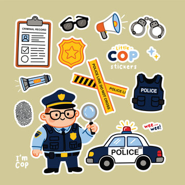 Cute Police Sticker Set Vector Patrol Car, Handcuffs, Badge, Flashlight and Cartoon Police Equipment for Baby and Kids Design