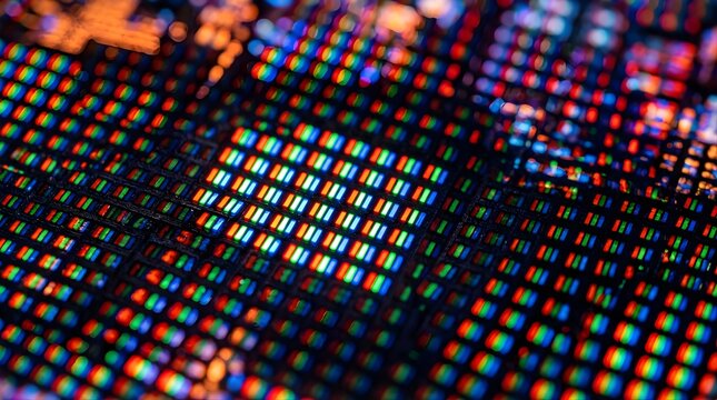 Extreme macro close-up of red, green, and blue pixels on an LED screen