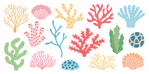 Coral And Seaweed Vector Illustrations Colorful Marine Life Elements © Rathin