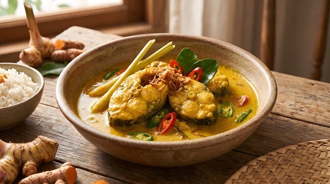 Traditional Indonesian yellow fish curry (Gulai Ikan Patin) served hot in a clay bowl with lemongrass, chili, and side ingredients on a rustic wooden table.