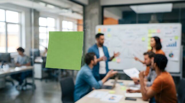 Green sticky note on office window during a collaborative team meeting