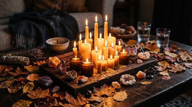 Autumn equinox ritual altar with lit beeswax candles crystals and dry leaves for spiritual meditation