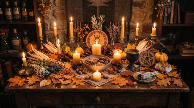 Wiccan altar decorated for autumn equinox Mabon ritual with burning candles and harvest abundance