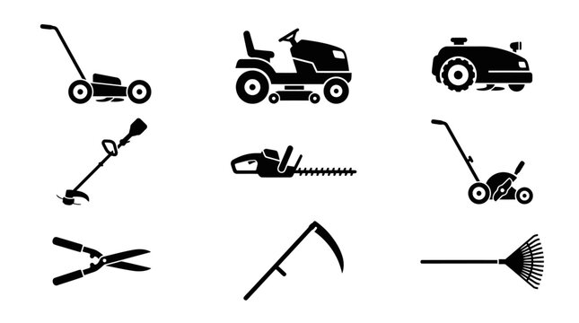 Lawn mower and gardening tools icons.