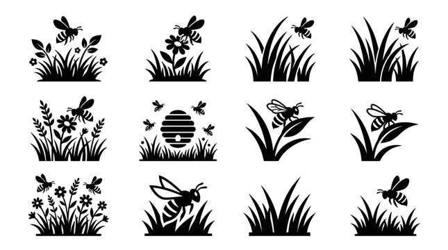 Black silhouette bee insect icons set.
