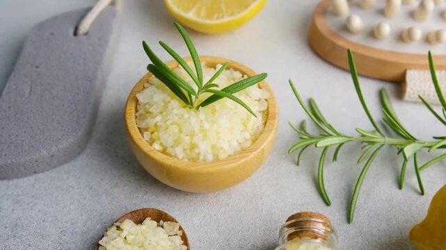 Bath salts with rosemary and lemon slices on a neutral background