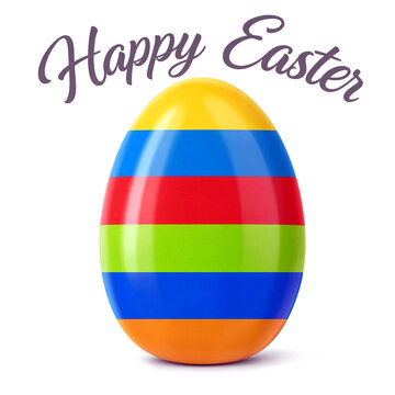Colorful striped easter egg with happy easter greeting text in cursive font design