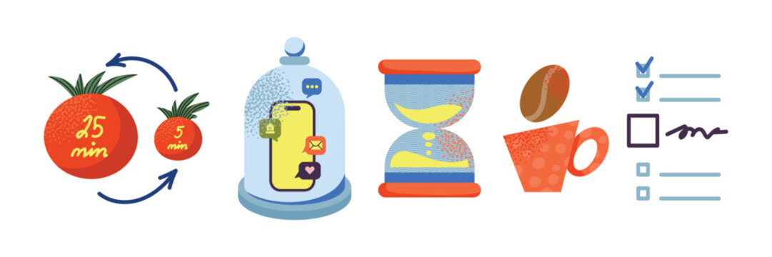 Time management vector illustration set with pomodoro technique timer, smartphone under notification glass dome, hourglass, coffee break cup, and productivity checklist tasks for workflow organization