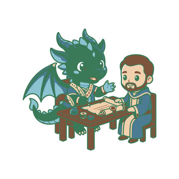 Friendly green dragon and scholar studying ancient scrolls.