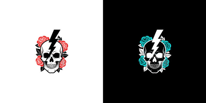 Skull logo with lightning bolt and roses detail
