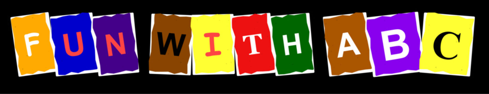 Colorful cutout letters spelling the phrase fun with abc on a black background for educational design