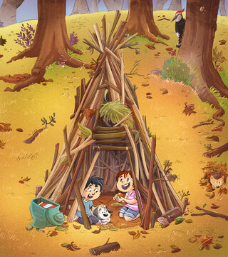 Ni&ntilde;os con su perro jugando en un tipi en el bosque, ilustraci&oacute;n infantil
