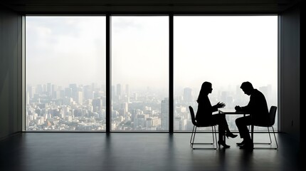 Fototapeta premium Silhouette of two colleagues discussing work in a modern office building