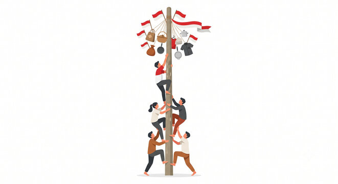 Panjat Pinang Pole Climbing Game Indonesian Independence Day Flat Vector Illustration Isolated on White Merdeka