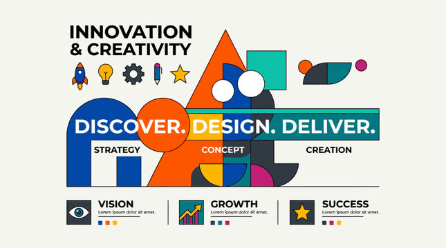 A colorful graphic design composition featuring abstract geometric shapes and business text
