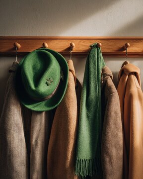 hallway coat rack with normal coats, one bright green hat with shamrock pin and green scarf hanging among them