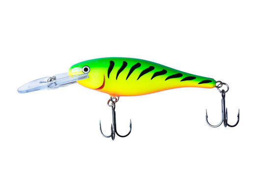 Fishing lure hard plastic crankbait, neon lime green perch pattern wobbler with sharp treble hooks, hard bait for predator angling.
