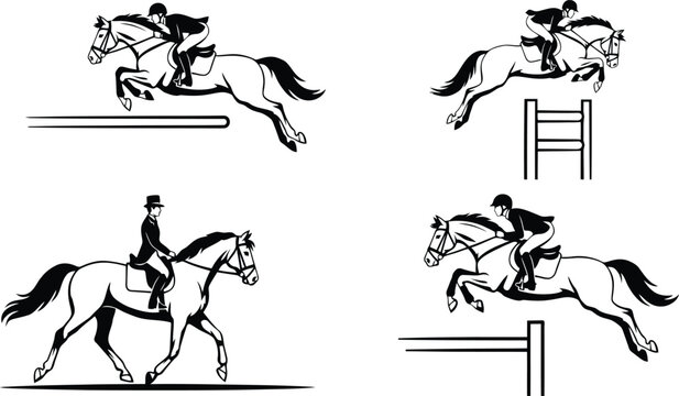 Option 1: Horse jumping and dressage set isolated on white background.Option 2: Equestrian sports illustrations with show jumping and dressage horses