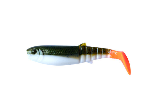 Fishing lure soft silicon bait with bright orange paddle tail, flexible swimbait for perch and bass angling, spinning tackle equipment.