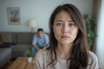 Obraz premium Face of unhappy woman with blurred living room and man in house. Family quarrel
