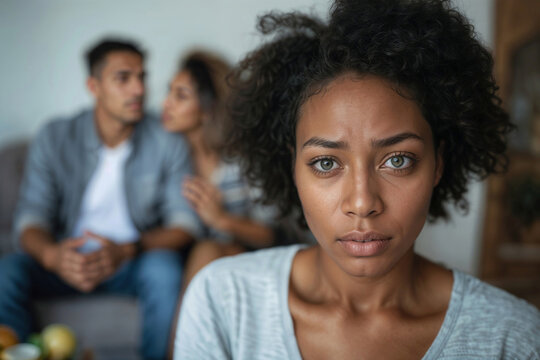 Sad Black woman stares forward with a tense, worried expression. Background couple sits apart, appearing distant or uninterested. Her curly hair frames a solemn, focused gaze