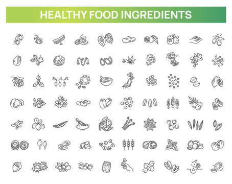 Herbs, Spices, Nuts, Seeds and Superfoods Line Icons Set. Healthy Food Ingredients Outline Collection