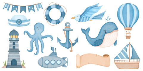 Obraz premium Cute nautical watercolor clipart with lighthouse whale octopus and sailing elements