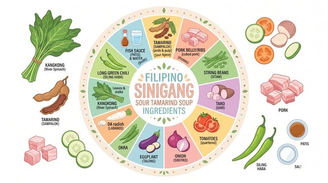 Sinigang Filipino Sour Soup Ingredients Vector Flat Lay