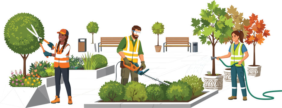 Gardening and landscaping worker team vector illustration with multiracial characters trimming bushes cutting trees and watering plants in a city public park.