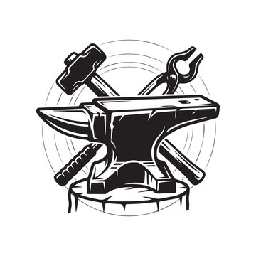 Vintage blacksmith workshop logo with anvil and crossed tools.