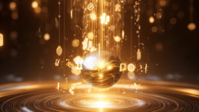 Golden Sphere Hovering Over Ripples With Digital Icons