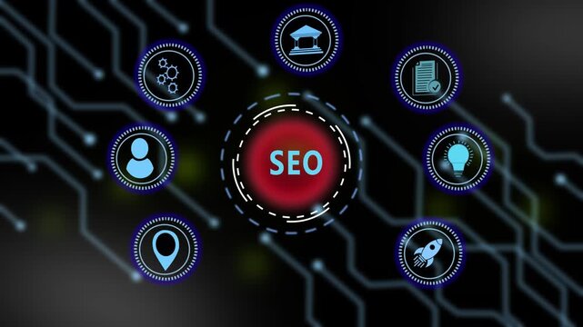 Comprehensive digital marketing seo strategy infographic featuring animated for search engine optimization, website ranking growth, organic traffic analysis, and online business development
