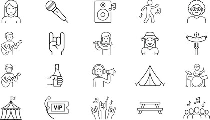 Option 1: Music festival and outdoor camping line icons set isolated on white background.Option 2: Live concert and summer event vector icon collection with musicians, tent, and food. © MDAKTARUL