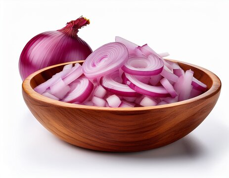 wooden bowls filled with chopped red onions isolated on white background raw red onion cubes in wooden dish kitchen preparation isolated image