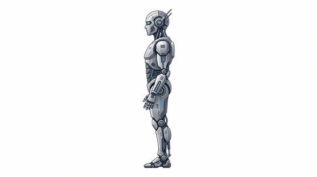Side view of a futuristic metallic humanoid robot isolated on white background.