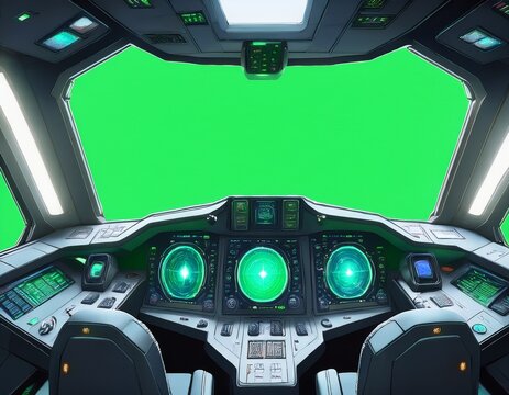cockpit view from spaceship with futuristic interface and green screen