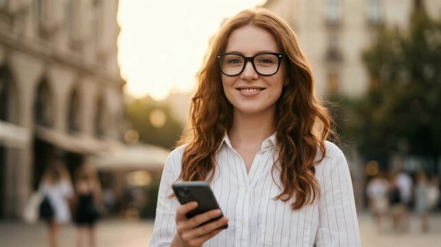 Woman looking at smartphone while standing in busy street during sunset. People walking in background with buildings around. Concept of technology, lifestyle, social media