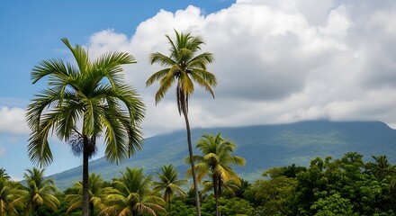 Fototapeta premium Sun-Drenched Palms, Cloud-Kissed Peaks
