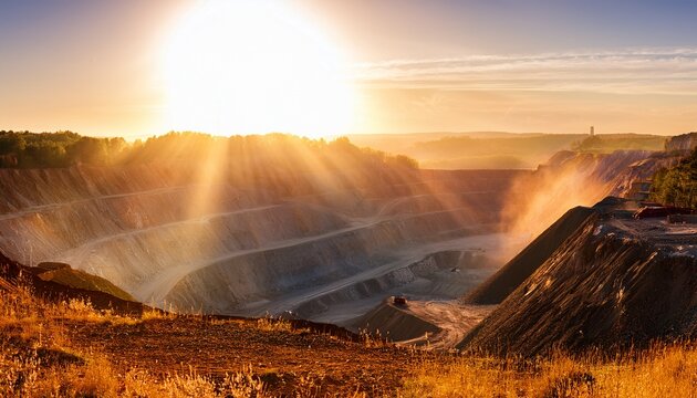 open pit mine at sunrise with sunbeams