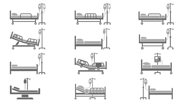 Adjustable hospital beds with IV stands collection.