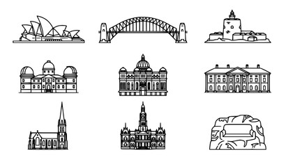Naklejka premium Sydney Architecture Continuous Line Vector Collection Featuring Opera House Harbour Bridge and Historic Australian Buildings