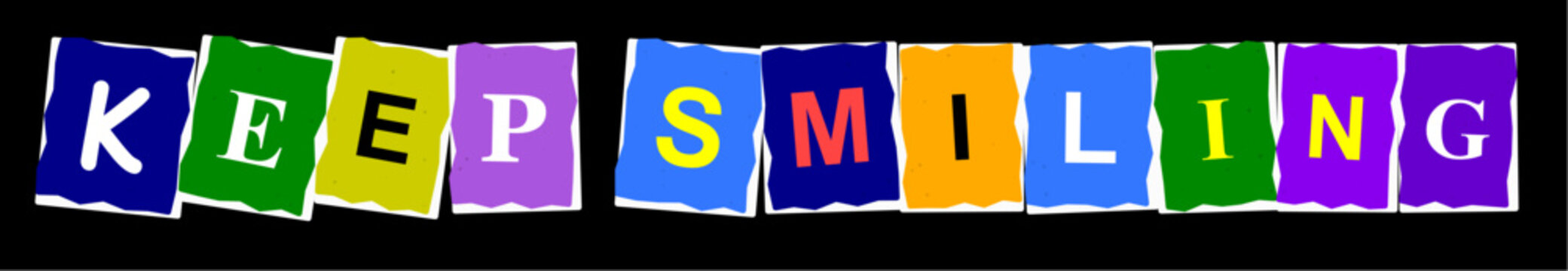Keep smiling text written in white letters on colorful square paper blocks isolated on a black background