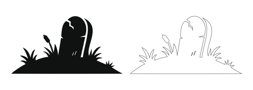 Creepy graveyard tombstone on a grassy hill grave silhouette vector illustration for spooky halloween horror theme