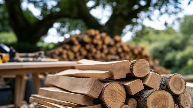 Cranborne Chase Woodfair sustainable timber harvesting and forestry practices in a rural woodland setting with stacked logs
