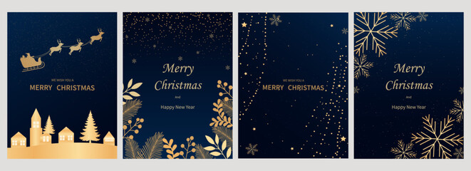 Luxury Merry Christmas and Happy New Year Social Media Post Template Set, Elegant Gold Foil Holiday Greeting Cards, Winter Background with Snowflakes, Reindeer, Village, Christmas Banner Vector. © zubair Ideas
