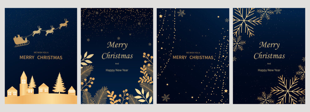 Luxury Merry Christmas and Happy New Year Social Media Post Template Set, Elegant Gold Foil Holiday Greeting Cards, Winter Background with Snowflakes, Reindeer, Village, Christmas Banner Vector.