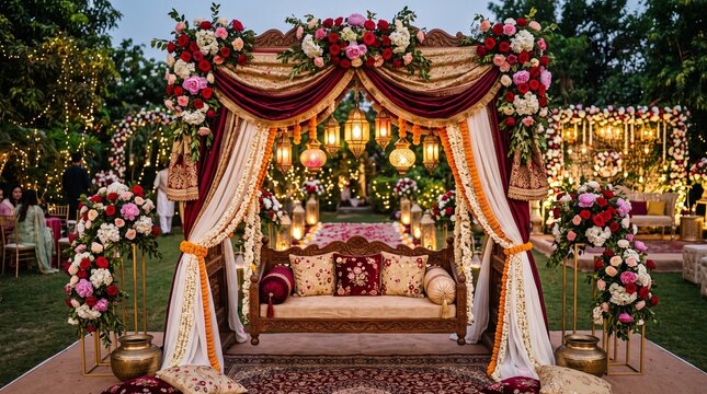 Radhashtami, floral swing decorated with roses, jasmine garlands and glowing lanterns